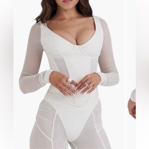 HOUSE OF CB Araminta White Long Sleeve Mesh Corset Top Size Small